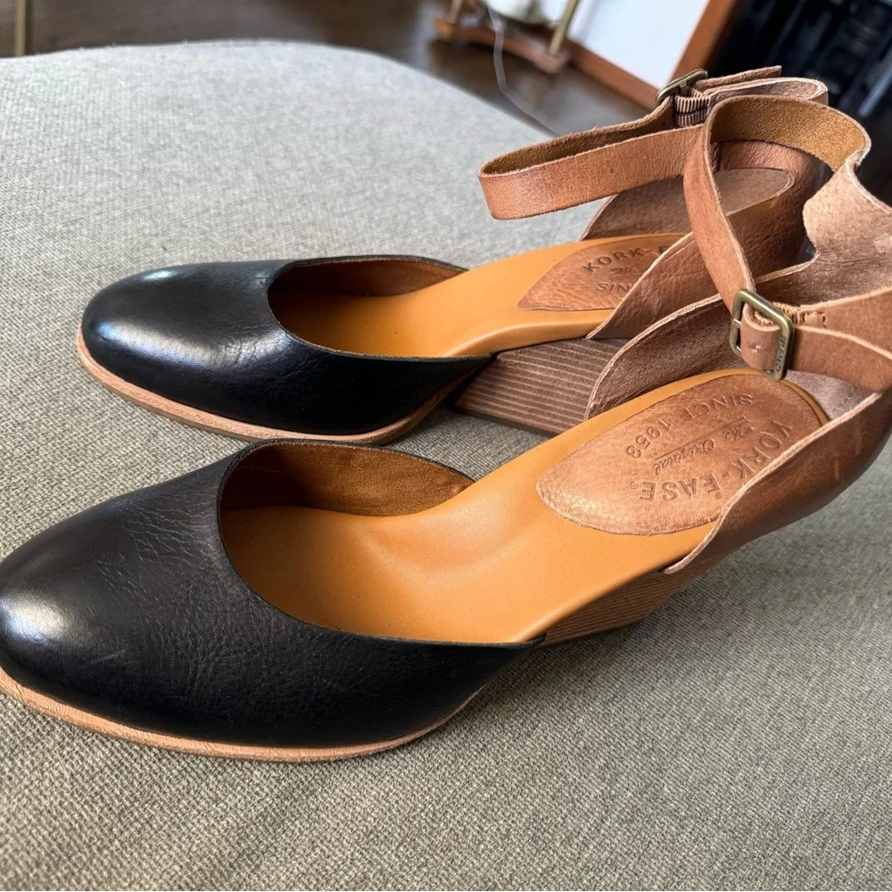 Kork-Ease Black and Brown Leather Ankle-Strap Wedges - Picture 1 of 6